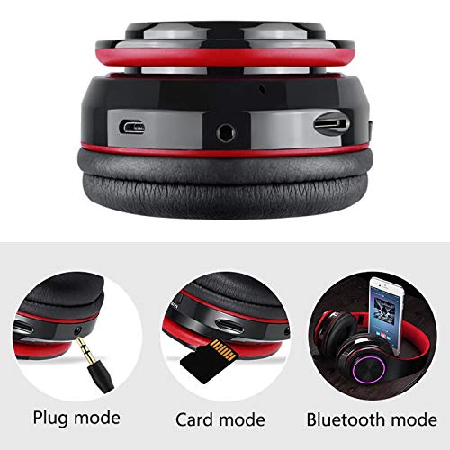 Bluetooth Over Ear Headphones, LED Lights Headphones with Built-in Mic, Light Weight, Bluetooth 5.0, Wireless Foldable HiFi Stereo Headphones for Classroom/Home/Office/PC/Mobile Phone (Black red) - color: Black