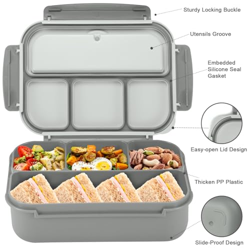 Bento Box Adult Lunch Box, Lunch Containers for Kids Girls Boys with 4 Compartments, Lunchable Food Container with Utensils, Sauce Jar, Muffin Liners, 40 Oz/5 Cup, Microwave & Dishwasher Safe, Gray - color: Gray