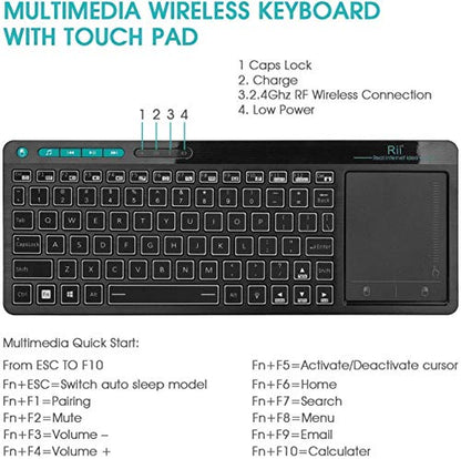 Rii K18 Plus Wireless 3-LED Color Backlit Multimedia Keyboard with Multi-Touch Big Size Trackpad,Rechargable Keyboard for Android TV Box,PC,Smart TV,Xbox,Raspberry Pi, HTPC IPTV,Windows, MacOS - style: 2.4G Version