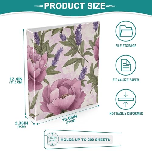 ALAZA Lavenders Flowers Peony 3 Ring Binder 1.5 Inch Round Ring Binders with 3 Interior Clear Pockets Decorative Clipboard Binder for Home Office Work, 1 Pack