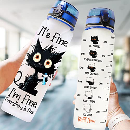 34HD Crazy Cat Water Bottle 32 oz with Time Marker, Funny Cat Lover Gifts for Women, It's Fine Everything Is Fine, Tritan Motivational Water Bottles - color: Everything Is Fine