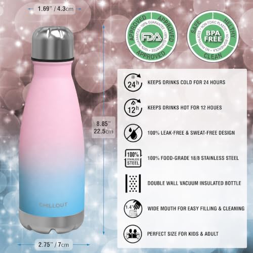 CHILLOUT LIFE 12oz Kids Insulated Stainless Steel Water Bottle, Leak Proof | Small Metal Water Bottle, Keeps Drinks Cold 24H & Hot 12H, Leak-Proof Screw Lid, Perfect for School, Travel & Sports - color: Cotton Candy