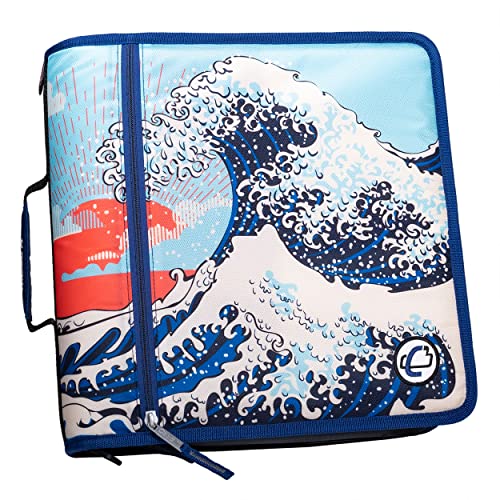 Case-it Mighty Zip Tab School Zipper Binder | 3-Inch O-Rings, 600-Sheet Capacity, 5-Subject Expanding File Folder, Multiple Pockets & Storage Organizer, Shoulder Strap | D-146 Blue Japanese Wave - color: Blue Japanese Wave, size: 1 Pack