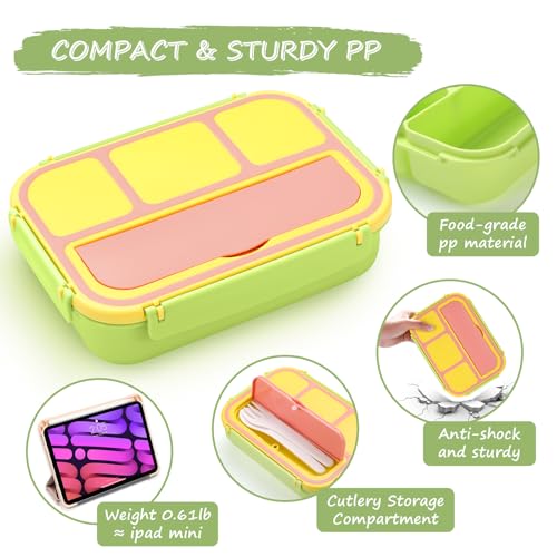 QQKO Bento Box for Kids Adults, School Toddler Lunch Box for Boys Girls, Lunch Box Containers with 4 Compartments, Sauce Container, Utensils, Food Picks and Muffin Cups for School, Pink Yellow Green - color: Pink Yellow Green