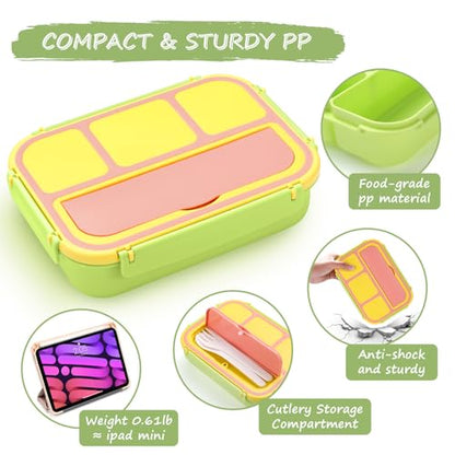 QQKO Bento Box for Kids Adults, School Toddler Lunch Box for Boys Girls, Lunch Box Containers with 4 Compartments, Sauce Container, Utensils, Food Picks and Muffin Cups for School, Pink Yellow Green - color: Pink Yellow Green