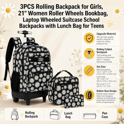 AGSDON Rolling Backpack for Girls, Women Roller Wheels Bookbag, Laptop Daisy Wheeled School Bag with Wheels for Teens - color: Daisy Black