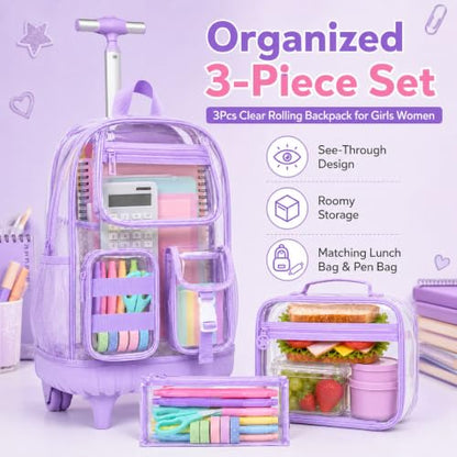 WZLVO Clear Backpack Rolling Backpack for Girls Women, Heavy Duty PVC Transparent Bookbag, See Through Wheeled Backpacks Set for Teens Elementary Travel - Purple - color: Purple