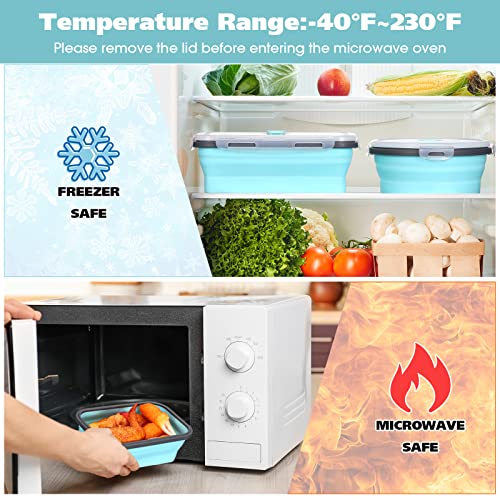 Mimorou 8 Pcs Collapsible Food Storage Containers Foldable Silicone Lunch Containers with Lids 4 Silicone Rectangle Collapsible Bowls and 4 Round Food Bowls Microwave Freezer Dishwasher Safe (Blue) - color: Blue