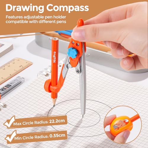 Nicpro 17 PCS Compass Geometry Set with Case + Nicpro 22 PCS Compass Geometry Tools with Case