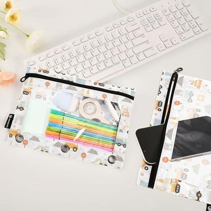 Monster Truck White Binder Pouches 3 Ring for Boys Girls School Office College Supplies Roadster Racing Cars Pencil Pouches Case Bag with Clear Window and Zipper 2 Pack - color: Cars
