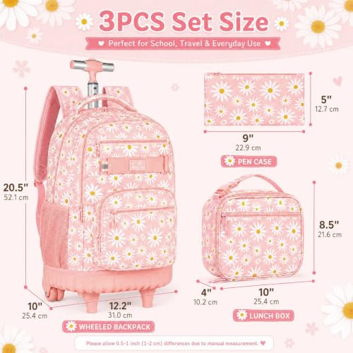 AGSDON Rolling Backpack for Girls, Women Roller Wheels Bookbag, Laptop Daisy Wheeled School Bag with Wheels for Teens - color: Daisy Pink 01