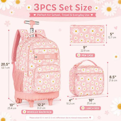 AGSDON Rolling Backpack for Girls, Women Roller Wheels Bookbag, Laptop Daisy Wheeled School Bag with Wheels for Teens - color: Daisy Pink 01