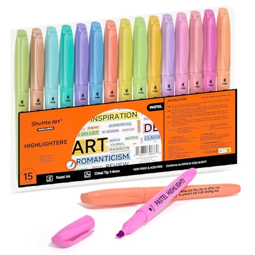 Shuttle Art Highlighters, 15 Colors Pastel Highlighter Pens Assorted Colors, Chisel Tip Dry-Quickly Non-Toxic Highlighter Markers for Adults Students Highlighting in the Home School Office - color: 15 Pastel Colors
