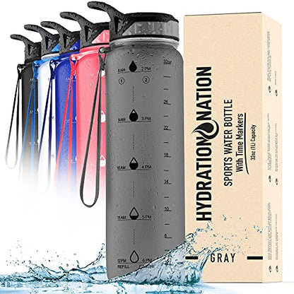 Hydration Nation (32oz Water Bottle With Time Marker - Leak Proof Water Bottles With Times To Drink For Fitness & Sports - 32oz Water Bottle With Straw For Drinking - Water Tracker Bottles (Gray)