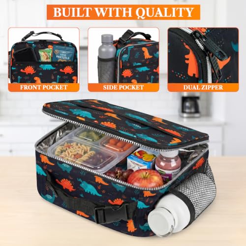 opux Insulated Lunch Bag for Kids, Reusable Lunch Box for School with Leakproof Lining, Compact Soft Cooler Tote for Boys & Girls, Front Pocket, Mesh Side Bottle Holder (Dinosaur) - color: Dinosaur