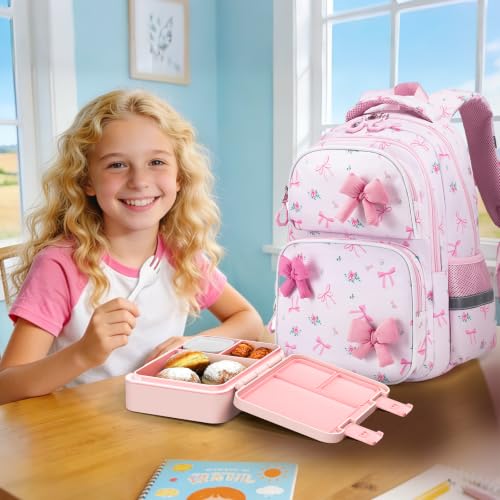 Kids Backpack for Girls 4-8, Cute 3D Soft Bow Toddler Backpack with 34oz Lunch Box, Insulated Bag, Pen Case & Utensils, School Bookbag for Preschool Kindergarten Elementary Student - color: Bow