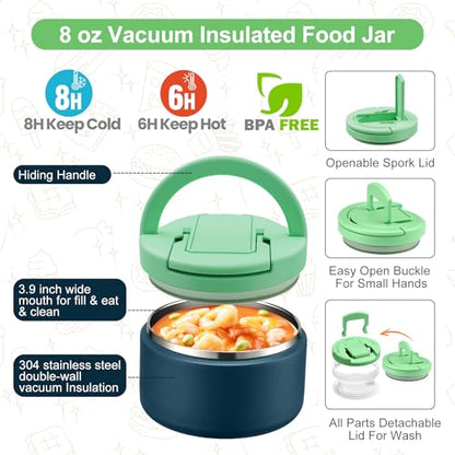 MAXSO Bento Lunch Box Set for Kids with 8 oz Soup Thermo, Leakproof Hot Food Container with 4 Compartments, Insulated Food Jar for Toddler Daycare Boys Girls School - Green - color: Green