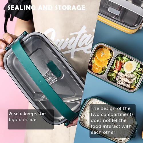 Bento Box Adult Lunch Box (74 Oz Large Capacity), Reusable, Leak-Proof, Including Lunch Bag, Fork And Spoon, 3 Dividers, Suitable For Work, Picnic, Dishwasher And Microwave Safe.(Green) - color: Green