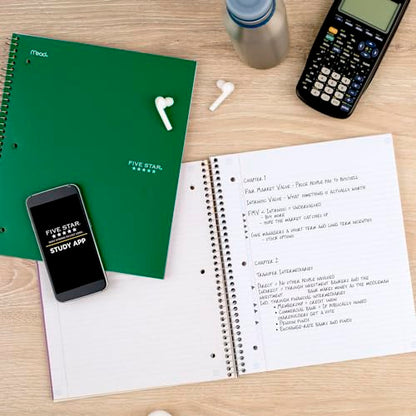Five Star Spiral Notebook + Study App, 5 Subject, College Ruled Paper, 8-1/2" x 11", 200 Sheets, Fights Ink Bleed, Water Resistant Cover, Forest Green (72079) (Pack of 6) - color: Green, size: 1 Count (Pack of 6)