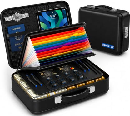 Fireproof Waterproof Document Box with Combination Lock – Hard Shell Fire Safe File Organizer for Important Documents, Certificates, Passports, Laptops & Valuables (Black, 5200°F Rated)