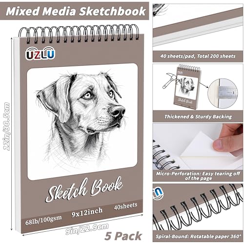 5 Pcs Sketch Book Bulk 9 x 12 in 200 Sheets Top Spiral Bound Sketch Pad Drawing Paper 40 Sheets Each Acid Free Mixed Media Sketchbook 68lb/100gsm Art Supplies for Beginner Artist - size: 9x12in, style: 5 Pack-Total 200 sheets