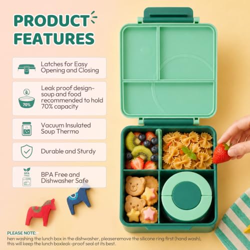 Itslife Bento Lunch Box for Kids with 8oz Soup Thermo&Lunch Bag, Leak-Proof Lunch Food Containers with 4 Compartment, Hot Food Insulated Food Jar for Kids School (Green) - color: Green