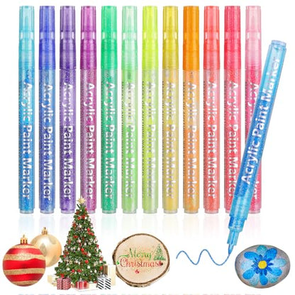 MaxGear Acrylic Paint Pens Glitter Markers Pen Set 12 Pack & Dry Erase Markers Ultra Fine Tip with Eraser 8 Pack