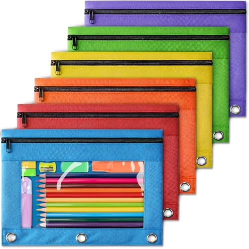 YEGEER Pencil Pouch for 3 Ring Binder, Pencil Pouches with Zipper & Clear Window - 6 Assorted Color, Pencil Case Bulk for 3-Holes Binder, Multi-Purpose Storage Bag for Office, School Supplies (6)