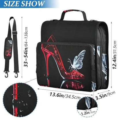 Red High Heel Shoe and White Butterfly Silhouette 3 D-Ring 2 inch Zipper Binder Bag with Shoulder Strap, Multi-Pocket Portfolio Organizer Case for 13 Inch Laptop Middle School - color: Red High Heel Shoe and White Butterfly Silhouette