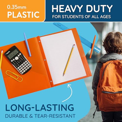 Blue Summit Supplies 30 Plastic 2 Pocket Folders with Prongs, Assorted | Durable 0.35mm poly, 2 pockets, for school, office, and report organization
