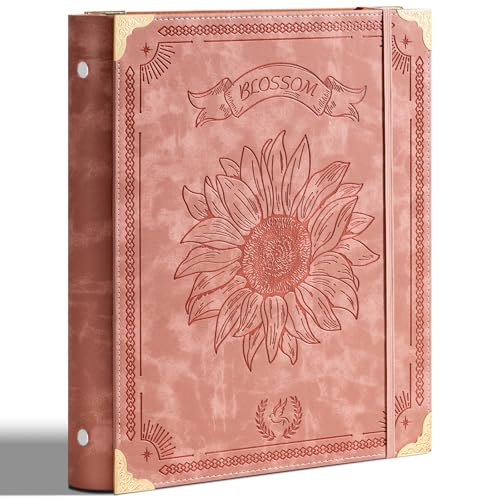 Ovesmusl Sunflower PU Leather 3 Ring Binder 1 Inch Round Ring Binder Holds 200 Sheets 8.5"x11" Letter Size Paper, Wedding Family History Notebook Cover Loose Leaf Organizer, Pink - color: Pink Flower, size: 1" Ring