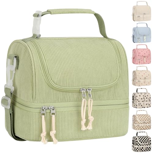 Vankor Corduroy Lunch Box Kids Insulated Lunch Bag Double Decker, Cute Leak-Proof Lunch Box for Boys Girls, Portable Cooler Lunch Bag Thermal Lunch Tote for School Picnic Travel, Light Green - color: Light Green