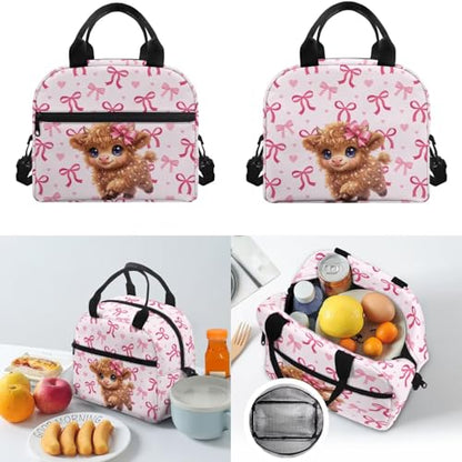 3-in-1 Girls Backpack School Bag and Lunch Box Set Pencil Case for Middle School Teen Highland Cow Print Lightweight Elementary Schoolbags Book Bag Travel Casual Daypack - color: Pink Bows-highland Cow Print