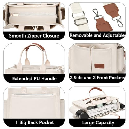 ZHMO Canvas Tote Bag for Women,Women's Bags Crossbody Bags Work Laptop Tote Bag Large Handbags Purse for Travel Nurse Teacher - color: New Upgrade White With Compartments and Side Cup Holders