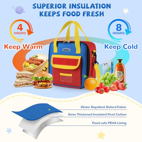 REDSHELL Lunch Box Kids, Large Insulated Lunch Bag for Boys Girls, Red Blue | Tactical Style, Cooler Lunchbag, Square Toddler Lunchbox, School & Daycare, Lunch Tote, Water Bottle Holder, Adjustable Strap - color: Red & Blue