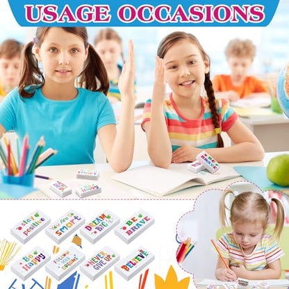 Dunzoom 100 Pcs Back to School Inspirational Pencil Erasers Bulk for Kids Fun Motivational Eraser School Office Supplies for Students Classroom Office Teacher Artists(Lovely) - style: Lovely