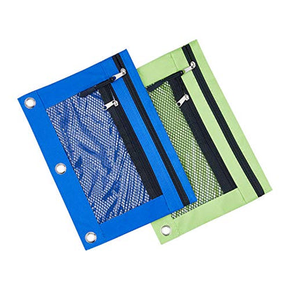 3 Ring Binder Pencil Pouchs, Zippered Pencil P9ouch Double Pocket Pencil Pouch 3 Ring with Clear Window (Blue&Green 2pack) - color: Blue&green