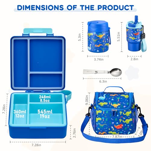 Pawtong Lunch Box Set with Bento Box Container, 17OZ Stainless Steel Food Soup Thermo, Kids Water Bottle & Portable Insulated Lunch Bag, Leakproof, Hot/Cold Retention for School, Travel (Dinasour) - color: Blue-Dinasour