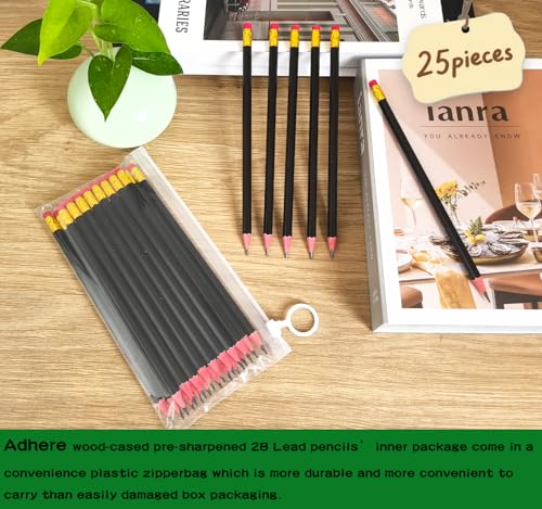 Adhere 25pcs Woodcase Pencils with Eraser Premium Pre-Sharpened Hexagon Graphite 2B pencils ideal for home, office writing including a Free Sharpener(Black・25pcs) - color: Black・25pcs