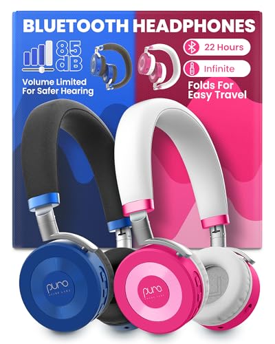 Puro Sound Labs Bluetooth Headphones for Kids - Volume-Limited, Adjustable On-Ear Design, 22-Hour Battery Life - Wireless Headphones for Tablets, Smartphones & PCs – JuniorJam Plus, Blue & Pink