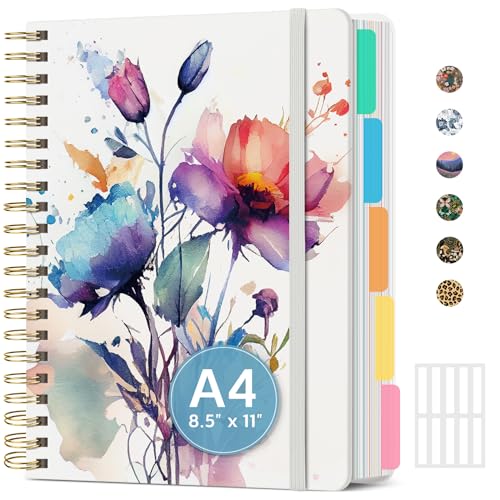 Large Spiral Notebook with Dividers & Tabs, 8.5" x 11" Hardcover 5 Subject Notebook for Work, 280 Pages, College Ruled, Cute Journal for Women, Perfect for Study & Office Note Taking, Painted Bloom - color: K-Painted Bloom