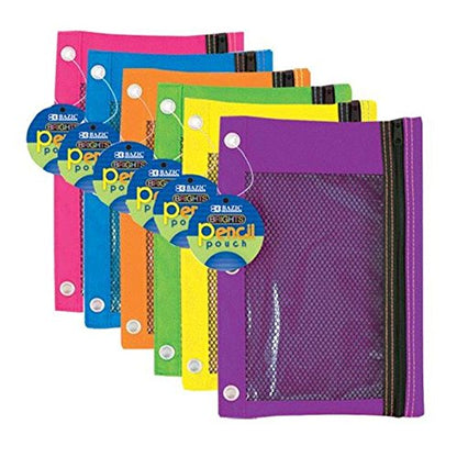 BAZIC PRODUCTS Bright Color 3-Ring Pencil Pouch with Mesh Window, 24-Box | clear mesh window and a zipper closure for pens, pencils, supplies - size: 24-Pack