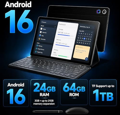 Jeazans Android 16 Tablet 10.1 Inch, 2-in-1 Tablet Bundle with Keyboard, Wireless Mouse, Stylus, Leather Case, Dual Camera, 64GB Storage+1TB Expansion, Portable Laptop for Students & Business