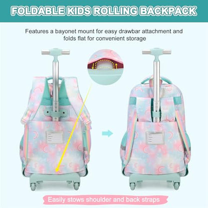 Scothen Rolling Backpack for Girls, 3PCS Roller School Backpacks for Girls with Lunch Bag and Pencil Pouch, Kids Bookbag Schoolbag with Wheels for Teen Girl Kindergarten Elementary Middle School - color: Green