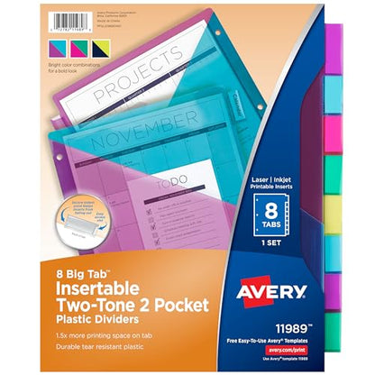 Avery Big Tab Insertable Plastic 2 Pocket Dividers for 3 Ring Binders, 8 Tab Set, Bright Two-Tone Multicolor, Works with Sheet Protectors, 1 Set (11989) - style: Plastic Dividers