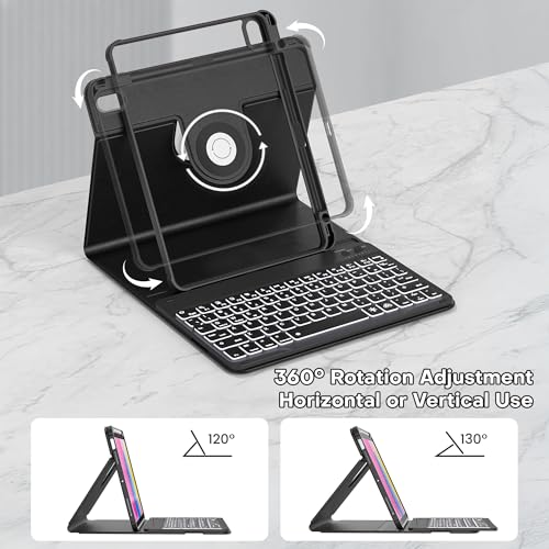 YBING for iPad A16 Case with Keyboard 11th &10th Generation, 360 Rotation Magnetic Cover with 7-Color Backlit Wireless Detachable Keypad with Pencil Holder for iPad 11th 2025/10 Gen 10.9" 2022 (Black) - color: Black