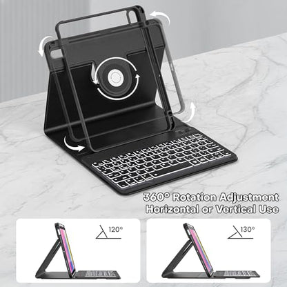 YBING for iPad A16 Case with Keyboard 11th &10th Generation, 360 Rotation Magnetic Cover with 7-Color Backlit Wireless Detachable Keypad with Pencil Holder for iPad 11th 2025/10 Gen 10.9" 2022 (Black) - color: Black