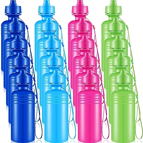 Tessco for you 20 Pack Bulk Water Bottles for Kids 18 oz Plastic Sports Water Bottle Reusable Squeeze Neon Color with Nylon Strap Back to School Supplies for Outdoor Travel Team Gym
