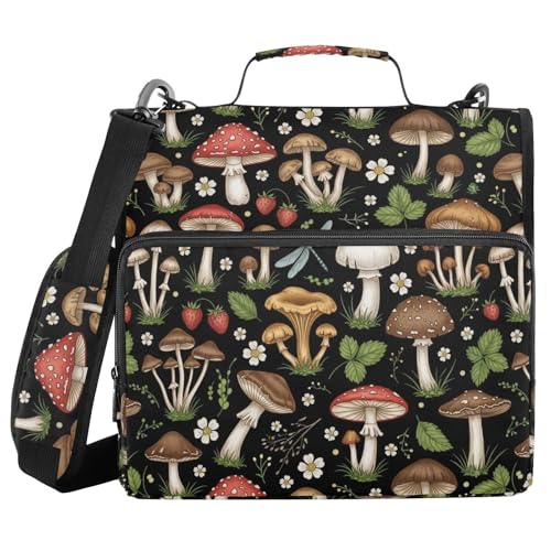 Zipper Binder Bag 3 Ring File Folder Portfolio Organizer Zippered Binder Bags with Strap Fits Laptop Women Men - color: 33-mushrooms Black