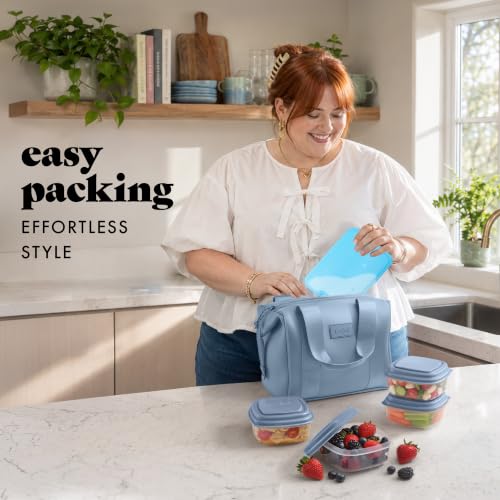 Fit & Fresh Remi Lunch Bag for Women Work – Neoprene Lunch Tote with Containers & Ice Pack, Reusable Meal Prep Lunch Box, Large Capacity, Machine Washable, Slate - color: Blue